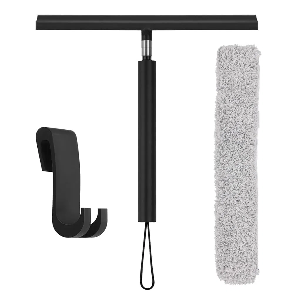 Rasqueta Limpiacristales Extensible 30-140cm, Squeegee Limpiador de Cristales con Gancho y Paño de Microfibra, Accesorio de Baño, Limpiacristales para Ducha, Mamparas, Ventanas, Espejos y Auto