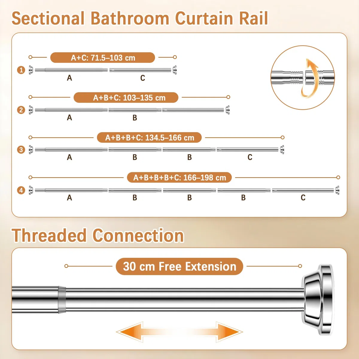Barra Cortinas Ducha Extensible, Sin Taladros Barra Ducha Palo Cortina 70-195cm, Antióxido y Antideslizante Acero Inoxidable, Barra de Tensión para Baño, Dormitorio, Armario, Puerta