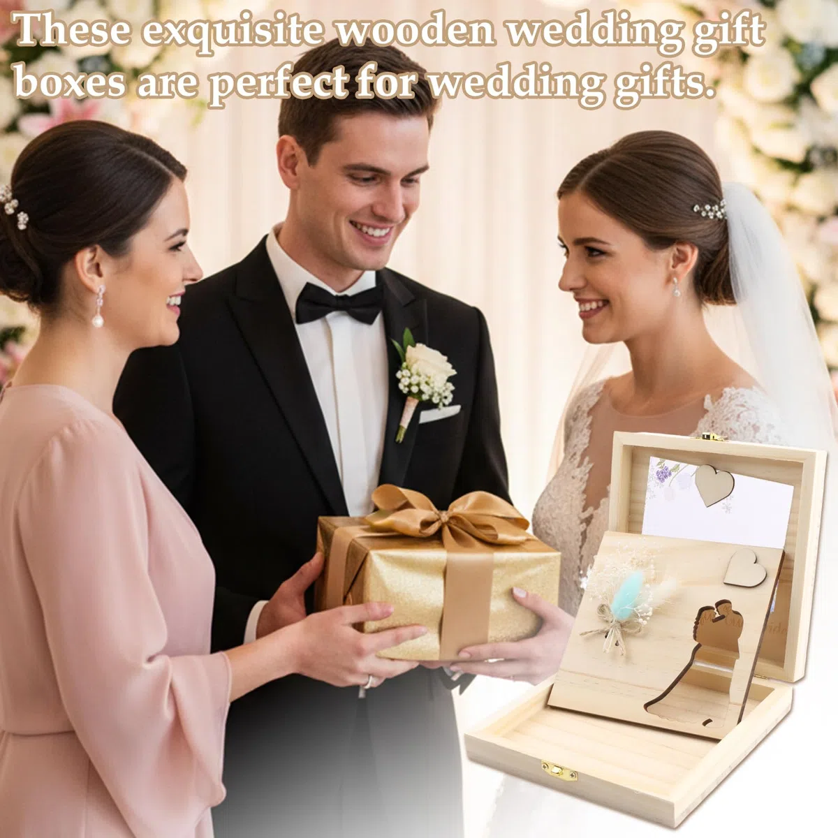 KingYH Regalo de Dinero para Boda Caja Regalos Boda Novios Regal Cajaa Madera para Recién casados Regalo Regalos de Boda para Los Novios con Caja de Madera Flores