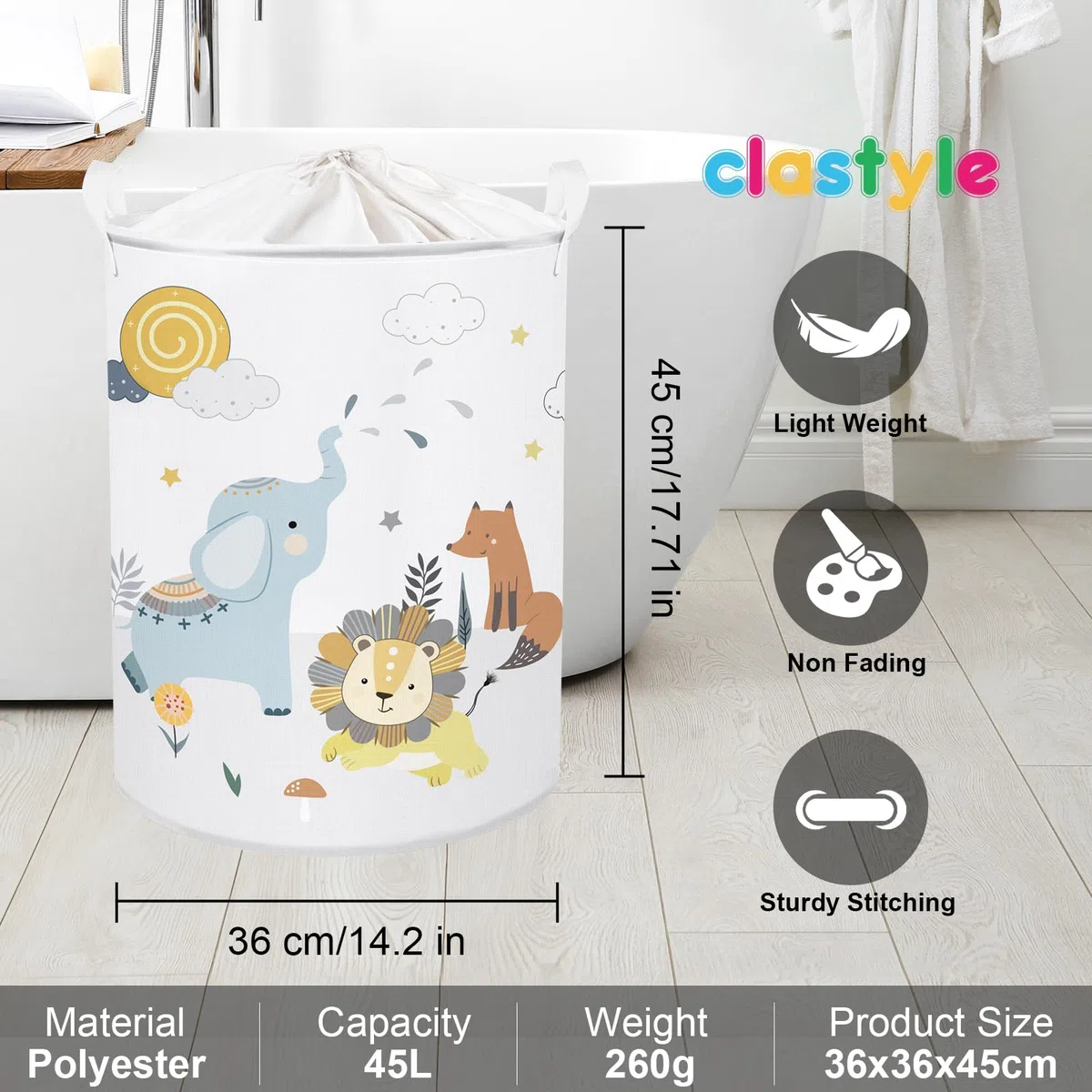 Clastyle 45L Cesta Ropa Sucia Animales Dibujos Elefante Zorro León Nubes Cestos Almacenaje Juguetes Blanco Plegable Redonda para Habitación Infantil, 36x45 cm