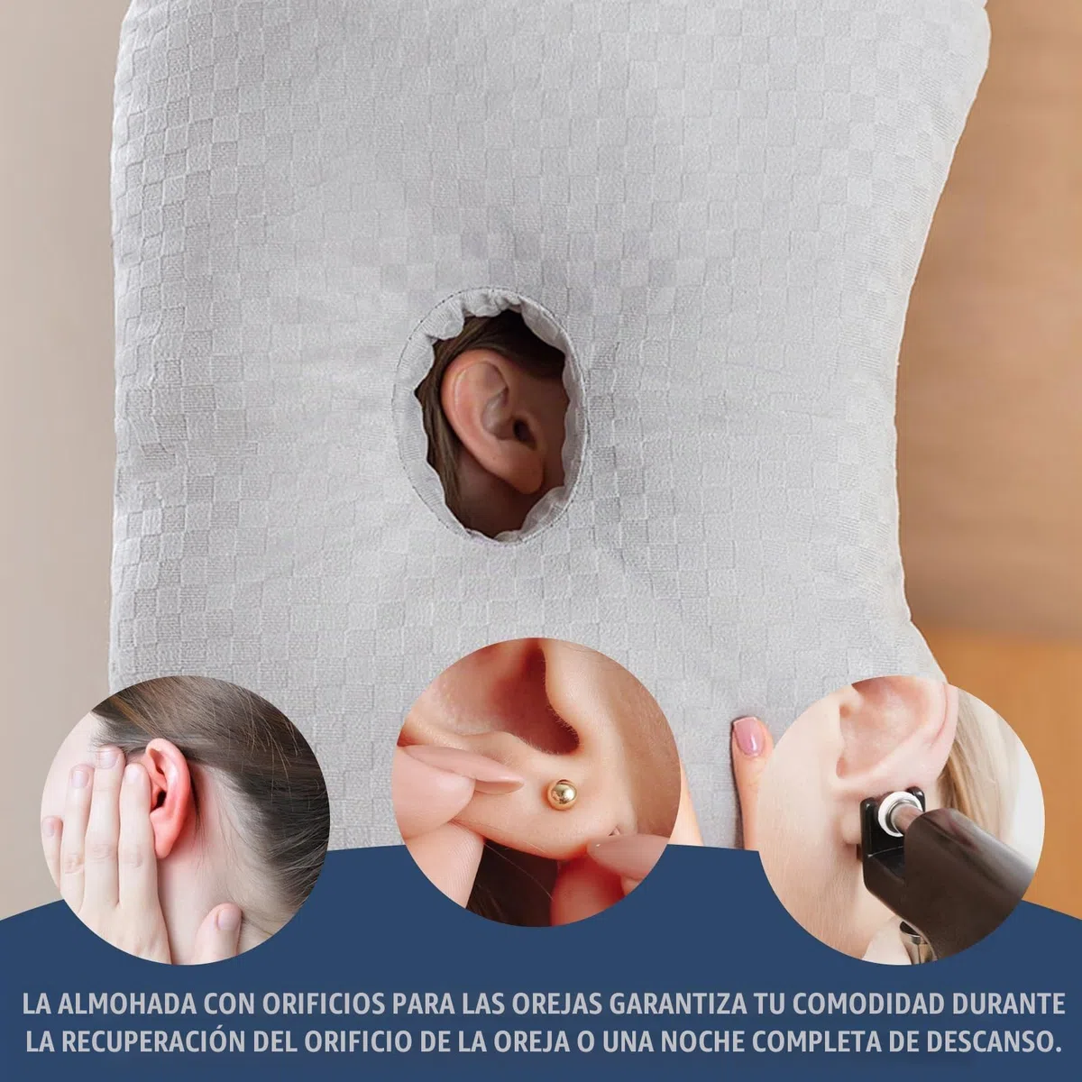 Almohada Perforadora Piercing - Piercing De Almohada con Orificio, Cojin Cuadrado con Agujero para Oreja Alivia Dolor de Oído, Piercings, Condrodermatitis y Presión (44x32x5cm, Gris)