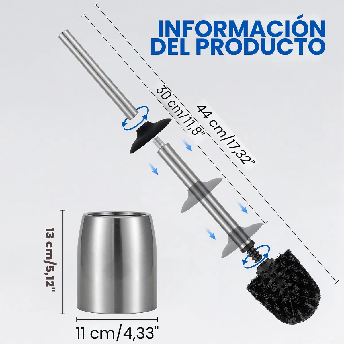 Juego de Cepillo y Soporte para Inodoro de Acero Inoxidable Cepillado Níquel - Mango de 40CM - Cerdas de Alta Densidad Cepillo para Taza de Baño, Cepillos de Limpieza para Baño con Base Plate