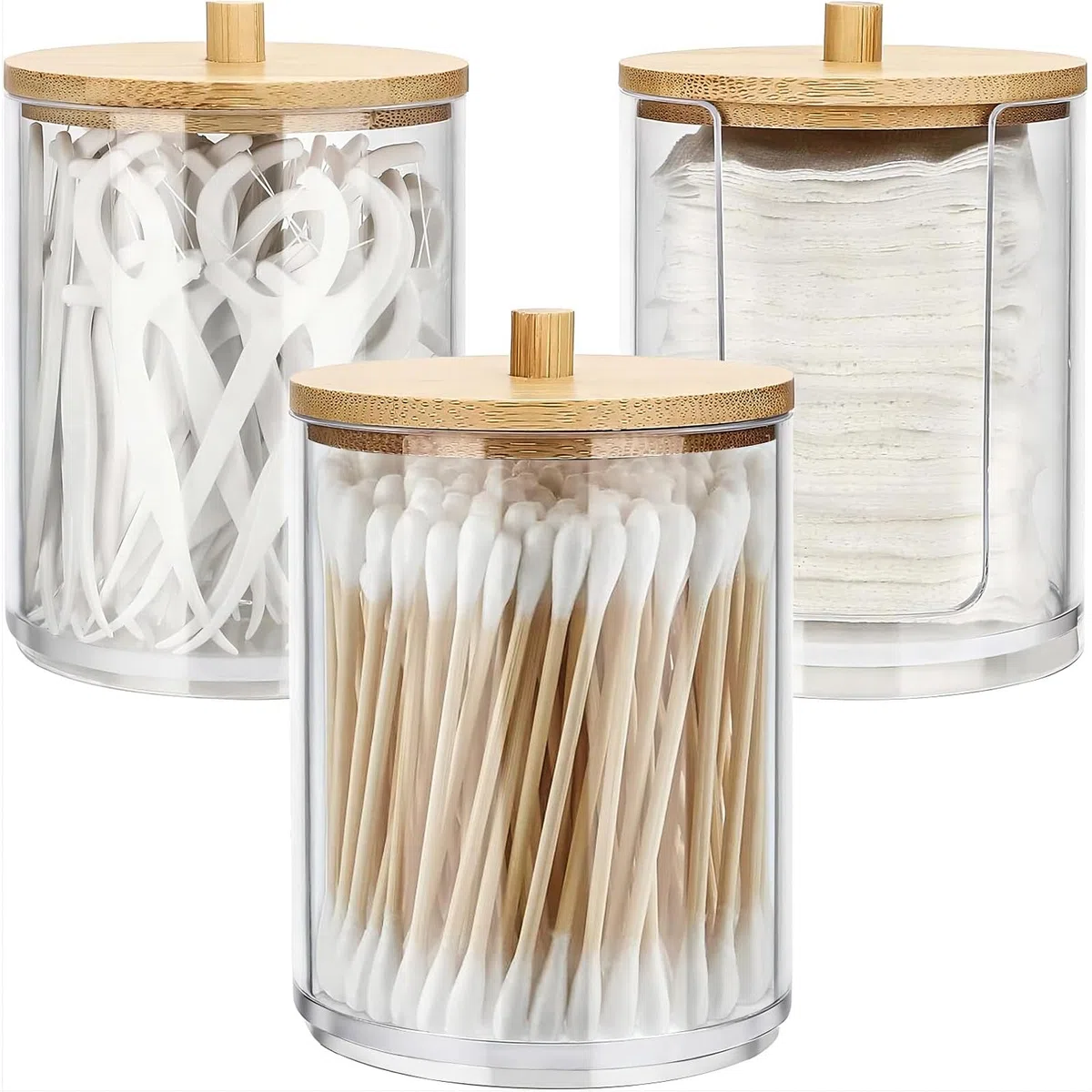 3 Soporte para Hisopos de Algodón,Organizador Bastoncillo de Algodón,Organizador de Almohadillas de Cosmético,con tapas de bambú,adecuado para cosméticos, hisopos y almohadillas