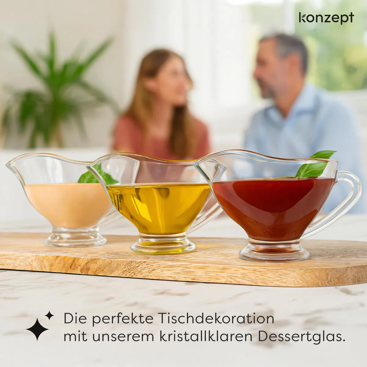 KONZEPT Salsera de cristal, juego de 4 unidades, 160 ml, transparente con asa, estable, ideal para aderezos, crema, salsa, aceite de oliva, NR 63. SAUCIERE