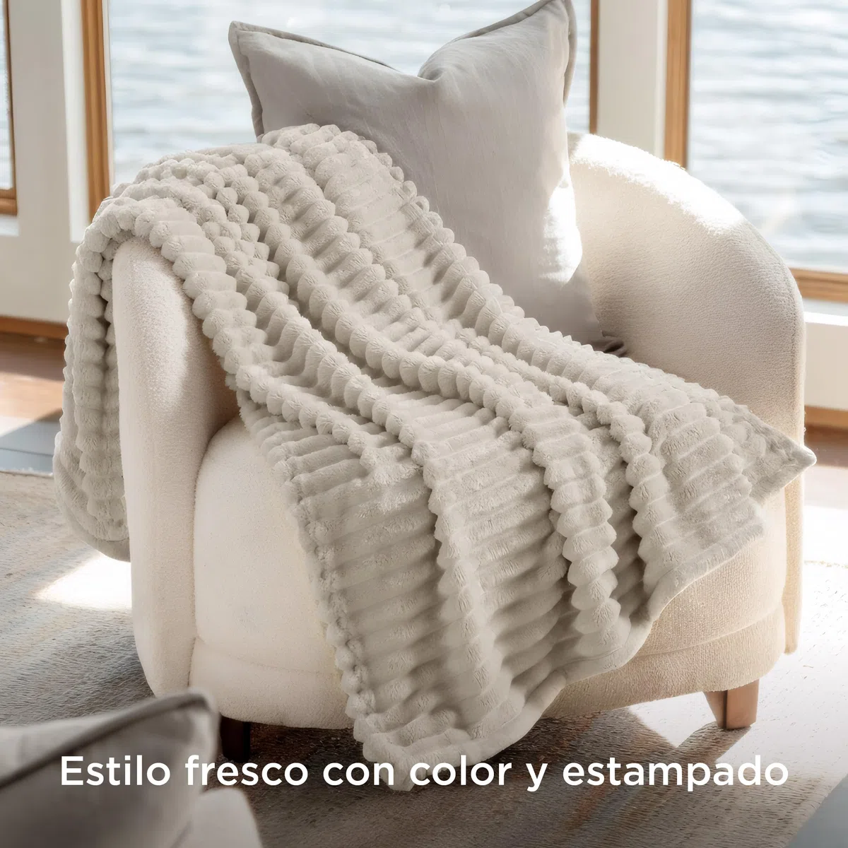 Bedsure Manta Sofá Polar Suave - Manta Gruesa y Esponjosa para Cama y Sofá, Cálida y Acogedora para Invierno, Diseño de Rayas Anchas, XL 150 x 200 cm, Beige