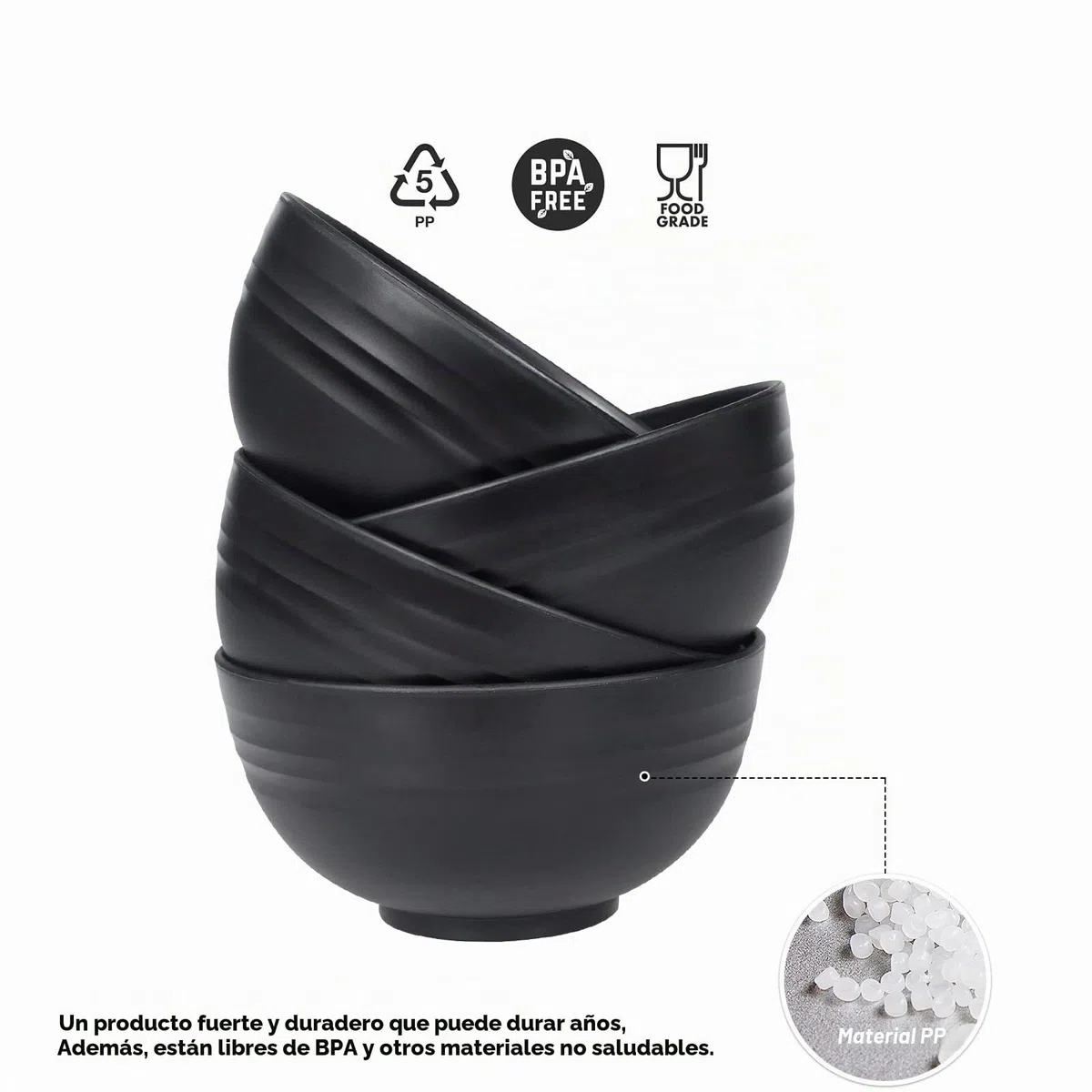Greentainer Juego de 4 Cuencos 710ml (24oz), Boles para Cereales y Ensalada, Aptos para Microondas y Lavavajillas, Irrompibles y Apilable（Negro）
