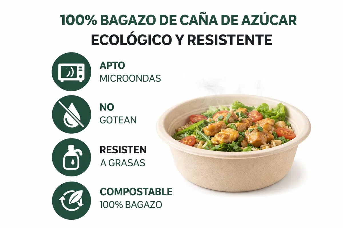 Bol Desechable Bagazo de Caña de Azúcar – Apto Microondas – Biodegradable y Compostable – Antigoteo – Para Caliente y Frío – Kraft Natural o Blanco – 350 ml / 500 ml / 900 ml (50, BLANCO, 500 ml.)