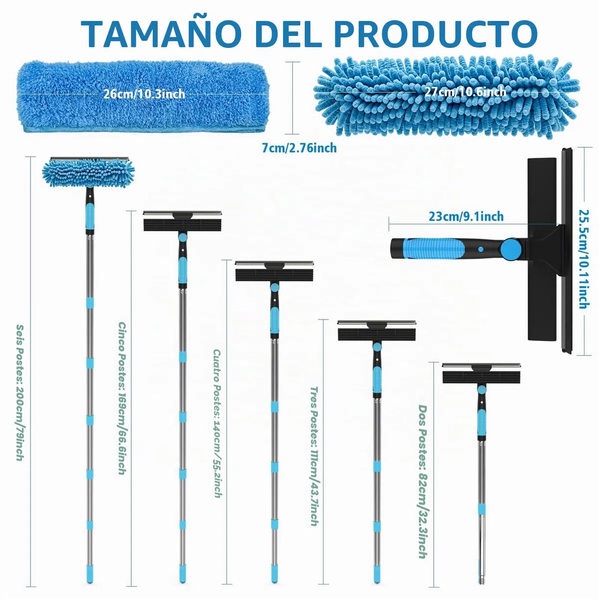 Set de equipo de limpieza de ventanas incluye limpiador de 200 ml y escobilla limpiacristales 2 en 1 con poste de limpieza extensible de 195 cm, kit de limpieza de ventanas sin dejar marcas para
