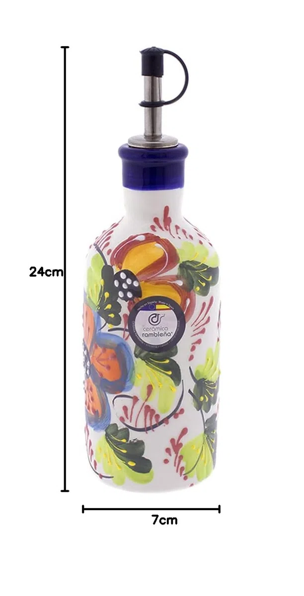 CERÁMICA RAMBLEÑA | Aceitera Amazon | Aceitera antigoteo cerámica decoración Blanca - Modelo 01 | 500 ml | 100% Decorado a mano | 7x7x24 cm