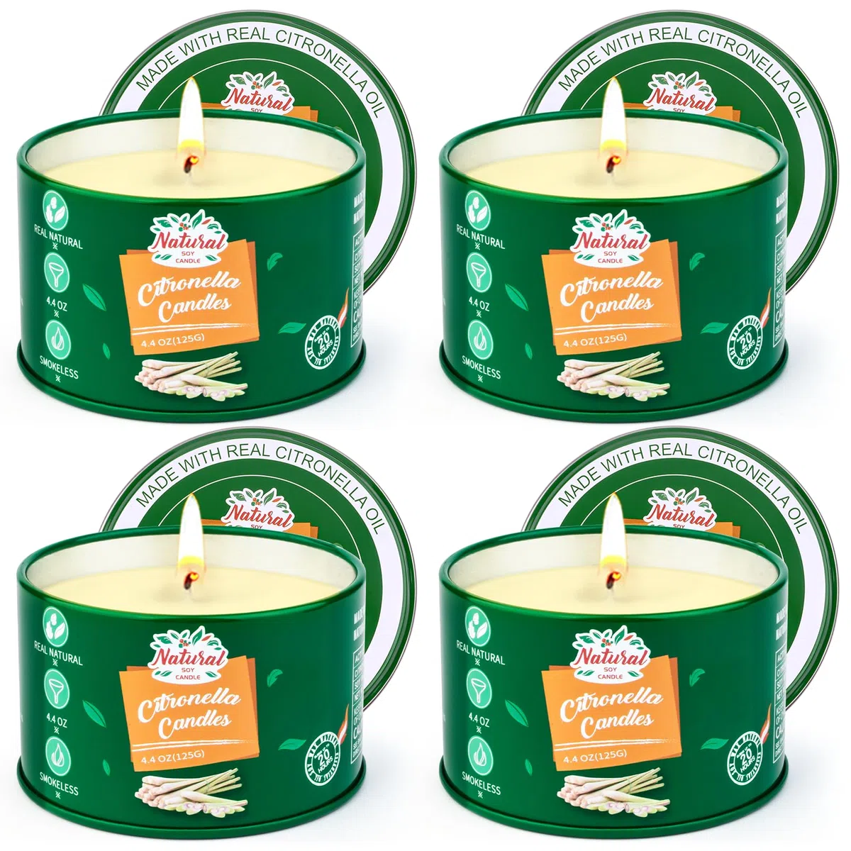 Velas de citronela para exteriores, 4 velas de citronela, para exteriores, 120 horas de combustión, vela de jardín, cera de soja natural, juego de velas aromáticas para camping, terraza, picnics