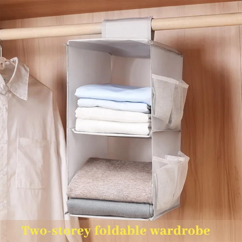 Organizador de Armario Colgante, Estantería Colgante de Tela, con 2 Niveles y 6 Bolsillos, Ahorro de Espacio y Plegable, Estante de Tela para Armario para Ropa, Toallas, Ropa(Gris Dos Capas)
