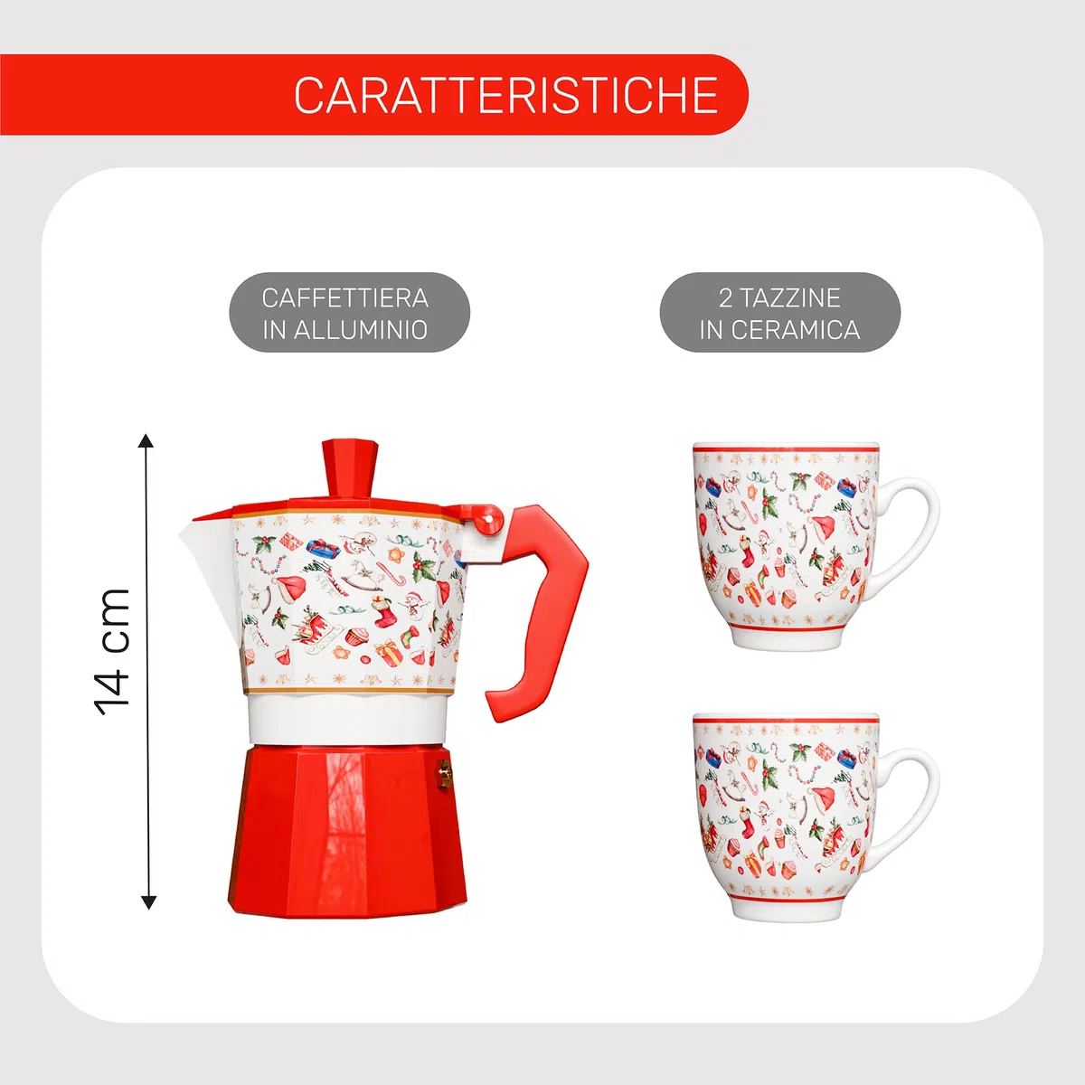 ICE TOYS Juego de café con cafetera de aluminio y 2 tazas de cerámica, altura 14 cm, ideal para regalo de Navidad
