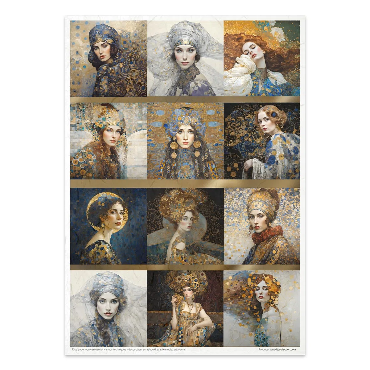 ITD Collection - Papel de arroz Decopatch - Decoupage - Papel de diseño para decoupage - Hojas de papel de arroz - A4 29,7 x 21 cm - Inspired by Klimt - RP-072