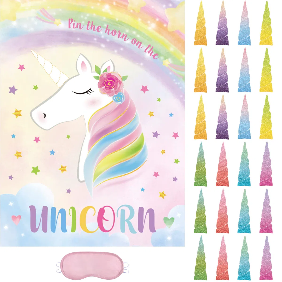 Juego de Fiesta de Unicornio - 53cm x 72cm Suministros para Fiestas Temáticas de Unicornio para Niñas y Niños Ponle el Cuerno al Unicornio con 24 Pegatinas de Cuerno Cartel del Juego de Cumpleaños