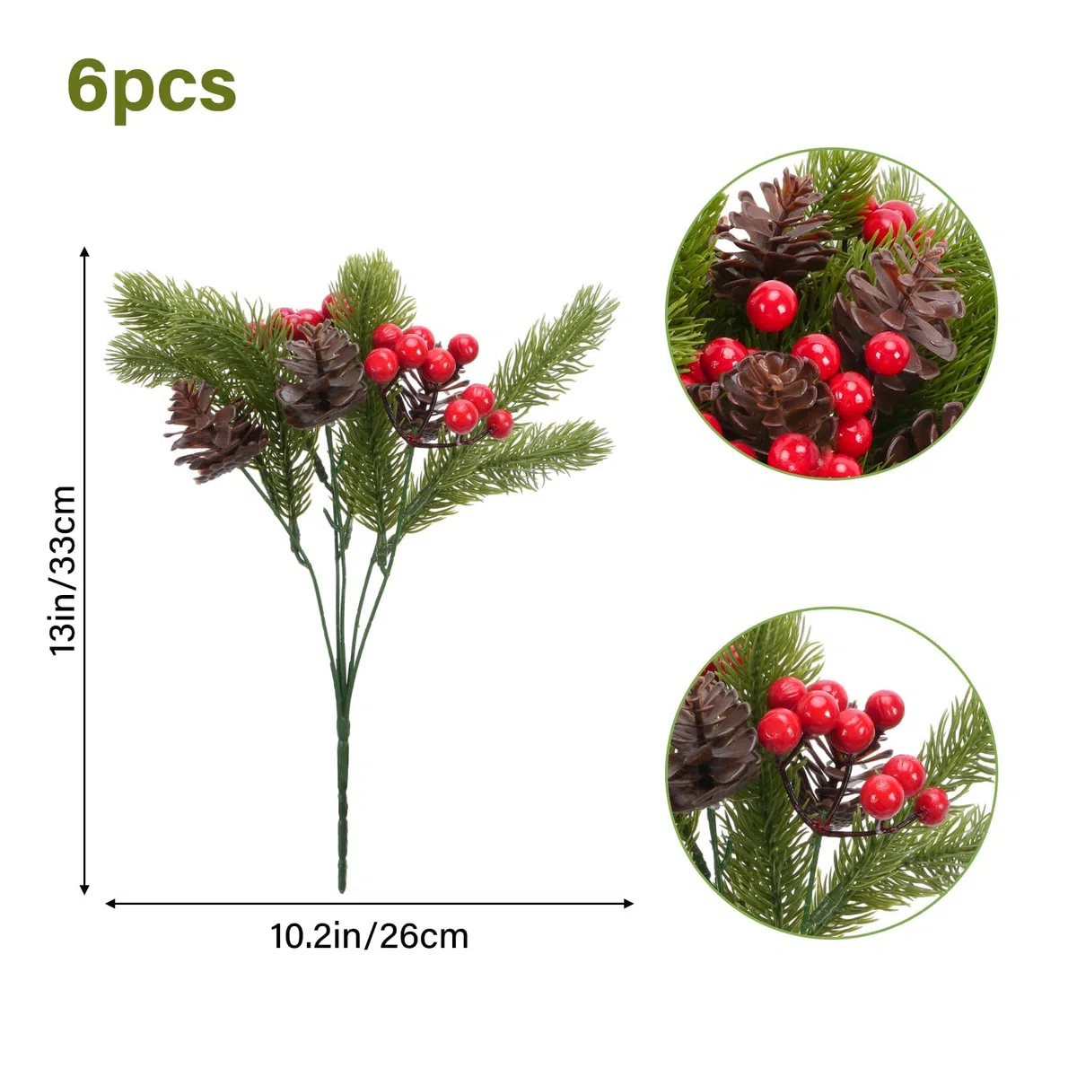 Fairblo 6 Piezas Ramas de Pino Artificial de Navidad, Ramas de Abeto con Bayas Rojas y Conos de Pino Naturales Adornos Navideños para Coronas de Navidad Decoración de Jarrones para Hogar