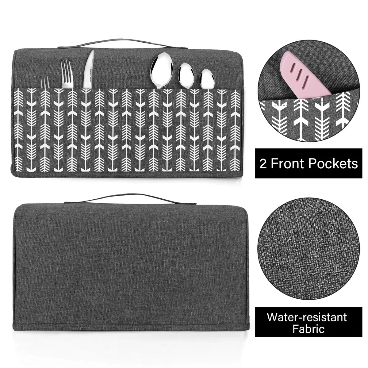 Yarwo Funda Tostadora, Funda para 4 Rebanadas Ranuras Largas Tostadora, con Bolsillos y Asa Superior, Resistente al Agua, Gris con patrón de flecha