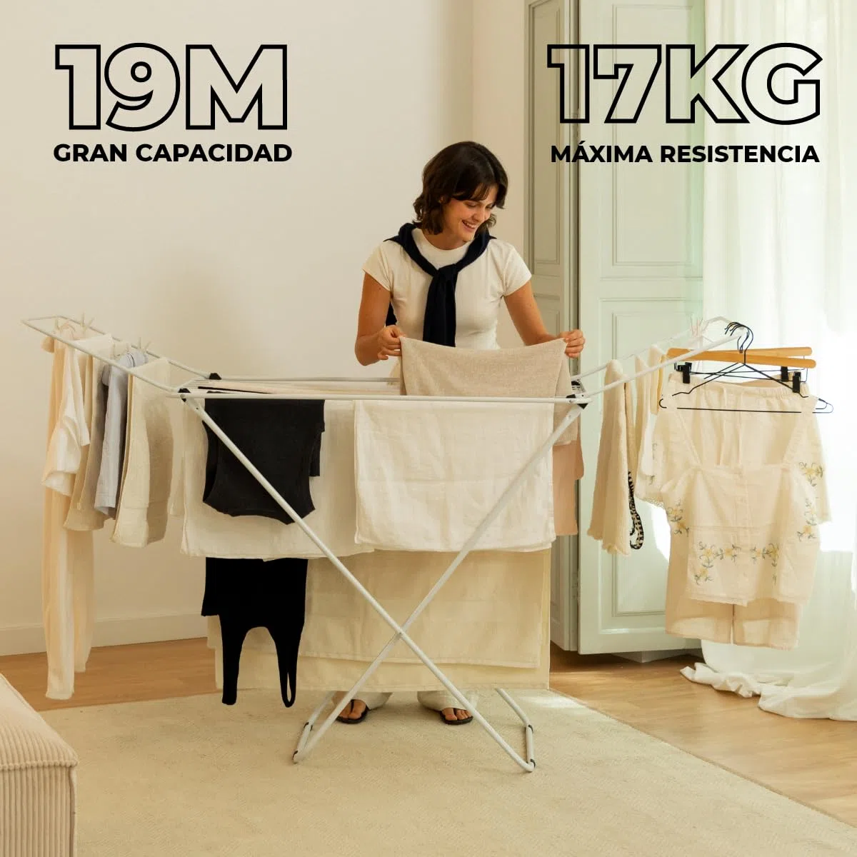 Newlux - Tendedero Plegable con Alas Stand V20, 180x55x112 cm, 19 Metros de Capacidad. Tenderete de Ropa Plegable Metálico con Rail Deslizante, Soporta 17 Kg, Ideal para Interior y Exterior, Blanco