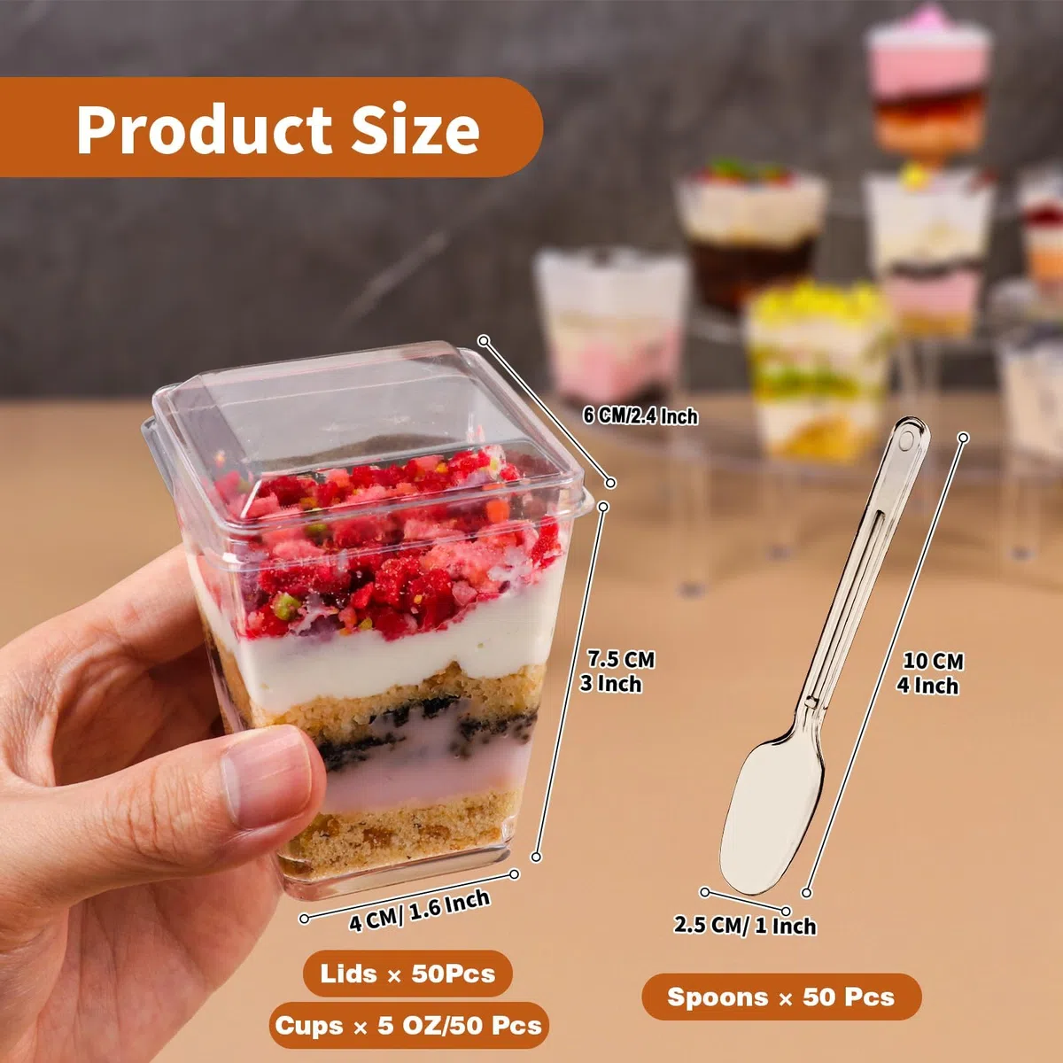 50 Vasos Postre con Cucharas,5OZ/160ML Vasos Postre Plástico Cuadrados,Reutilizables Copas Postre con Tapa,Transparentes Para Mousse Pudín Helado Buffet Fiesta Cumpleaños Picnic