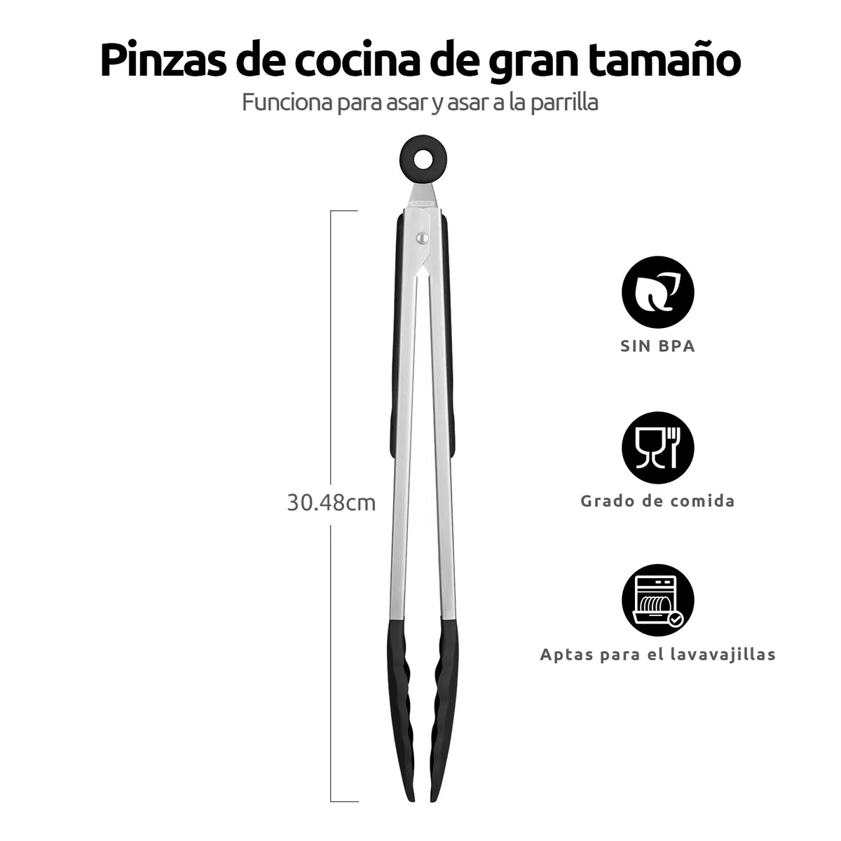 U-Taste Pinzas de Cocina de Silicona: 250℃ Resistentes al Calor con Puntas de Goma Antiadherentes Firmemente Selladas, Mango de Acero y Bloqueo Suave para Barbacoa (Negro, 30cm)