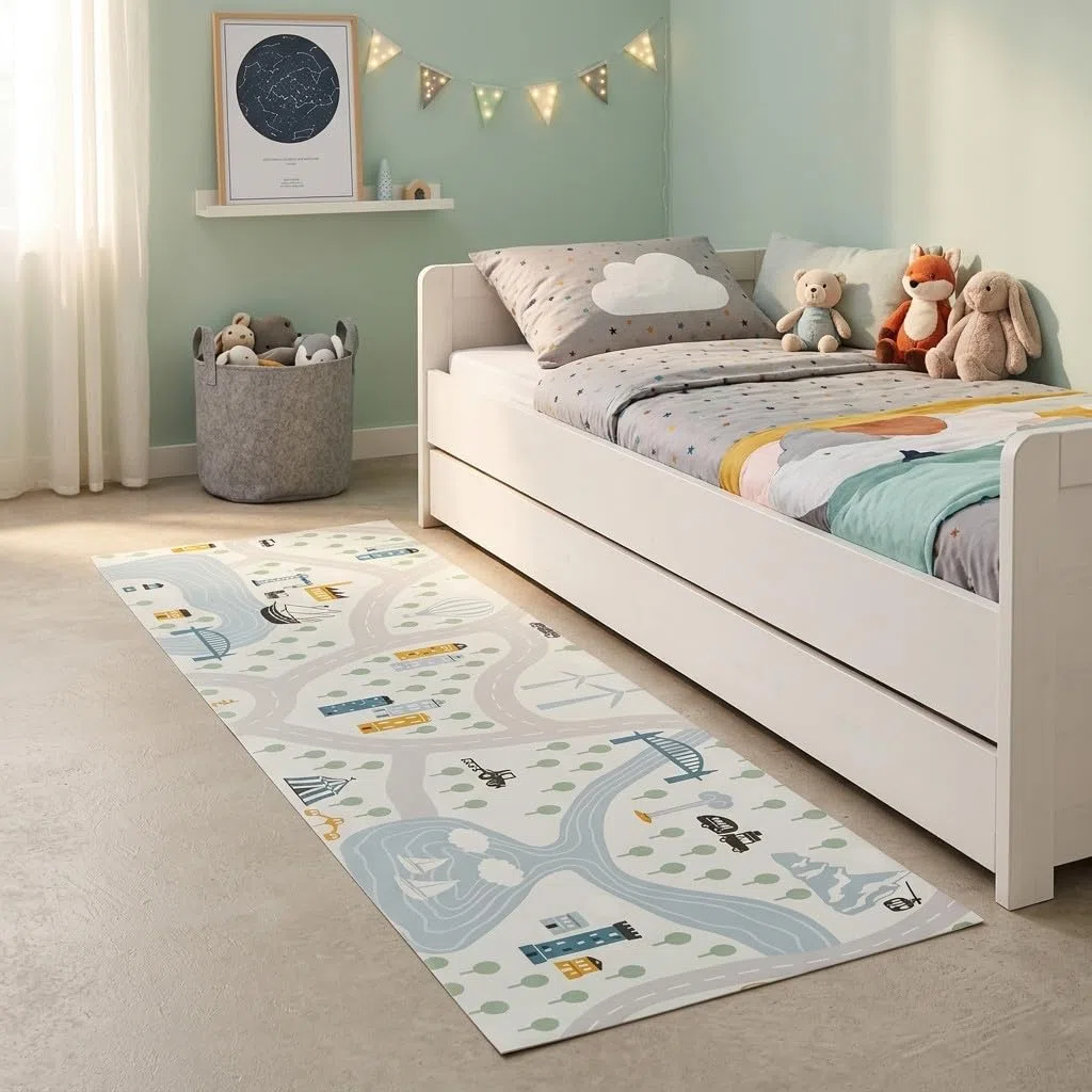 Alfombra de Vinilo Infantil Villa – Pie de Cama Larga y fácil de Limpiar. (50x200 cm)