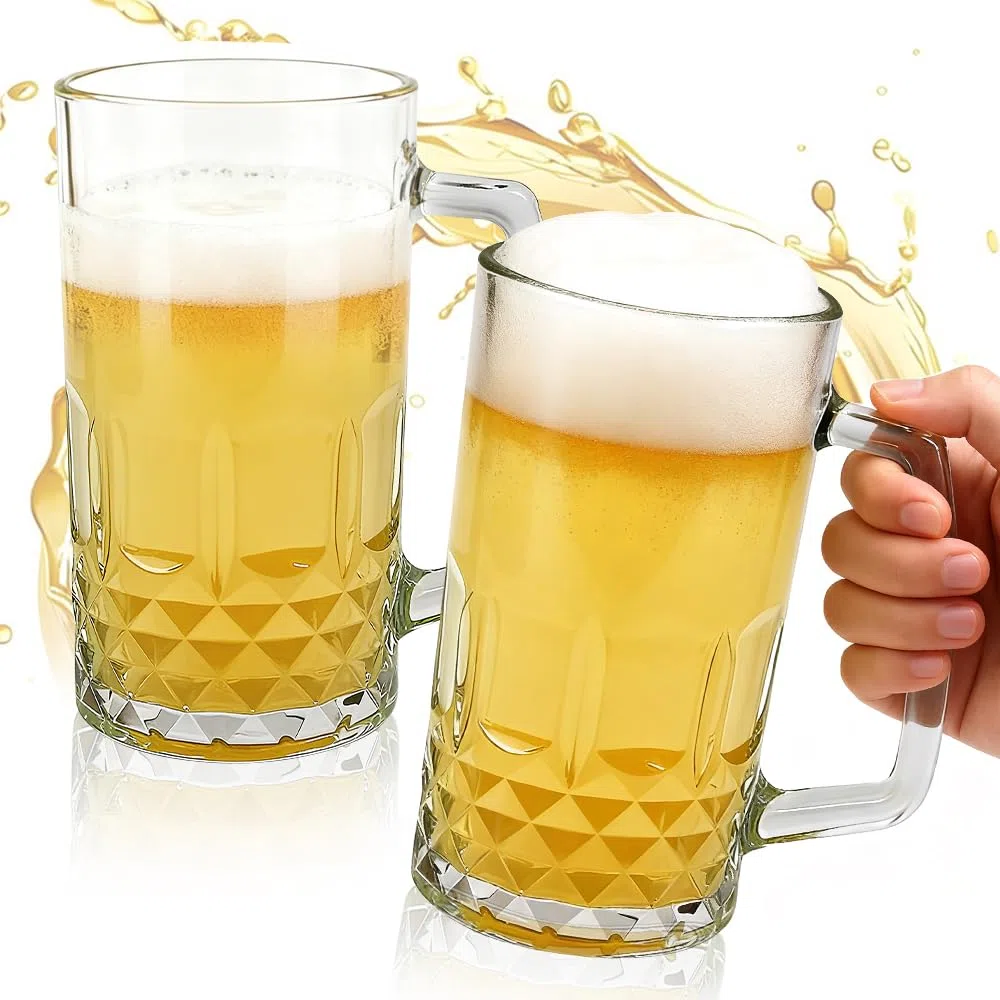 2 PCS Jarras de Cerveza de Cristal 500 ml, Vaso de Cerveza con Asa, Jarra deCerveza Grande y Estable, Taza deCerveza Transparente para Fiestas, Bares y Restaurantes -Aptas para Lavavajillas