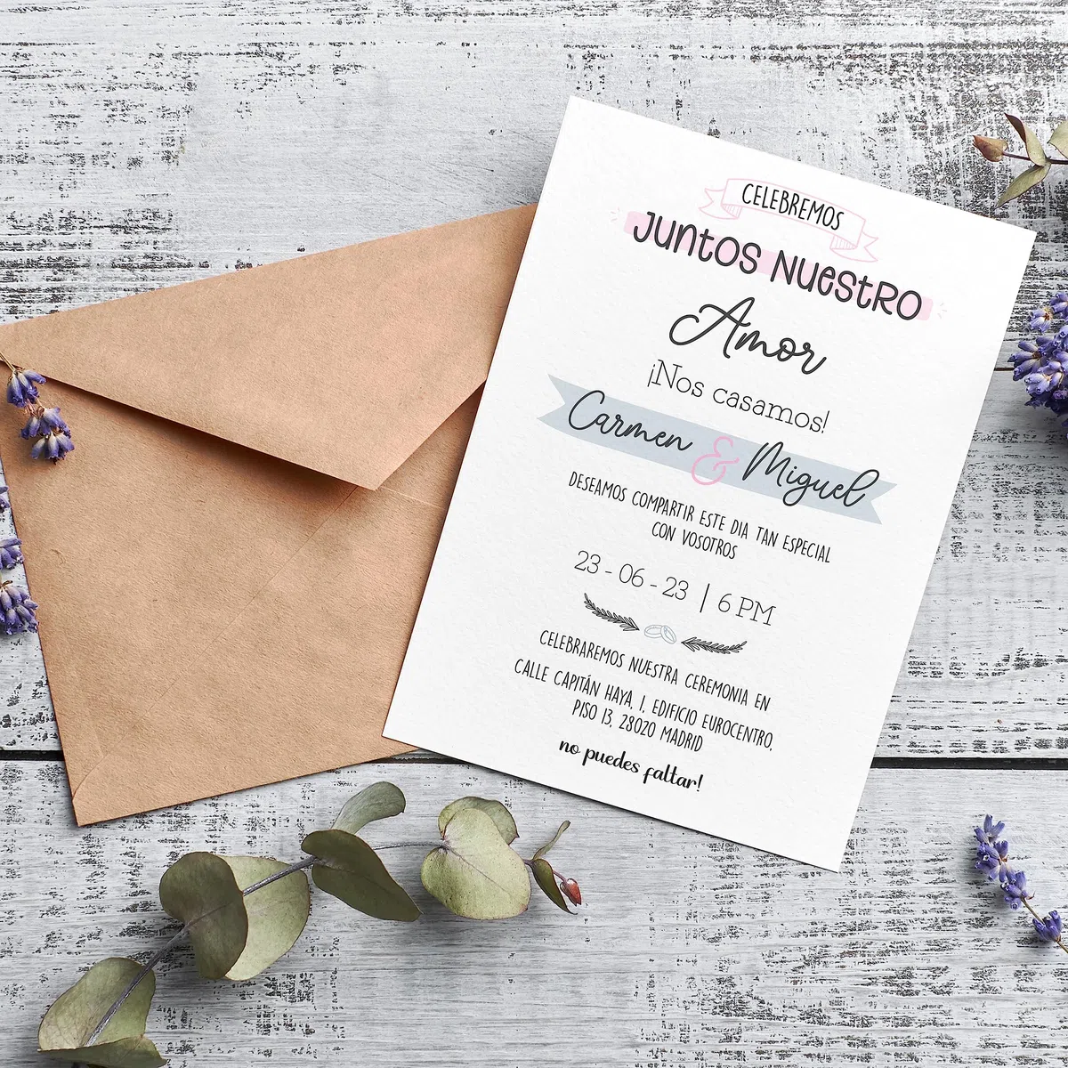 Invitaciones de Boda Personalizadas | Tarjetones A5 Blancos Personalizable con Nombres, Fecha y Textos | 25, 50 y 100 unidades Ceremonia Compromiso 2 Modelos para Recuerdos Boda (Modelo 2)