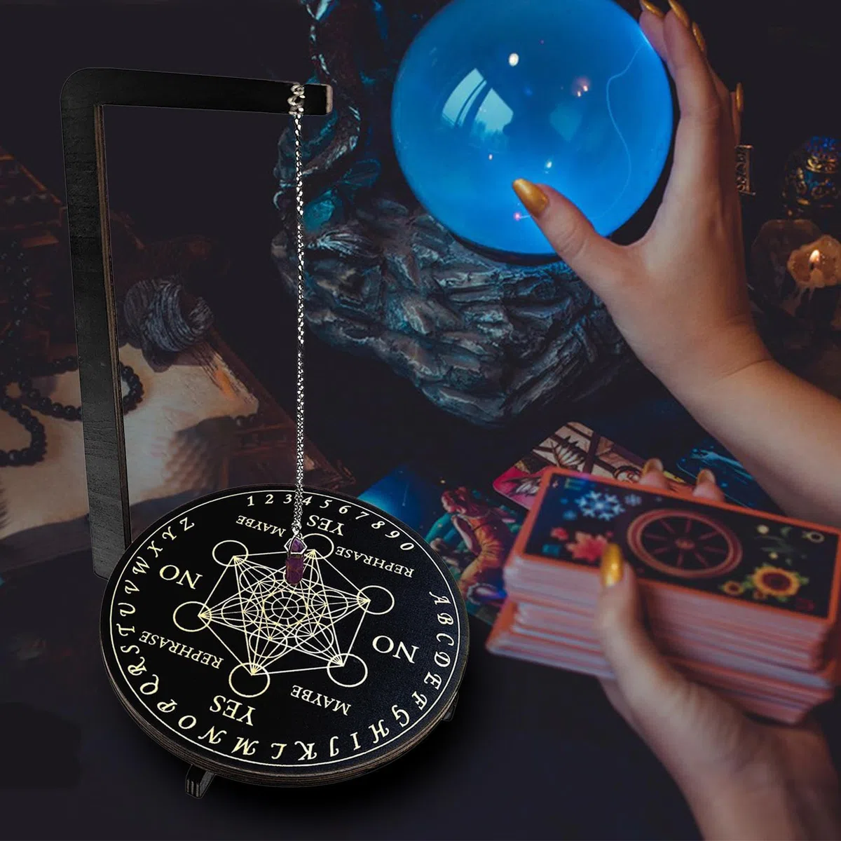 Soporte para Péndulo,Juego De Tablero De Adivinación con Péndulo - Suministros Verticales Místicos para Meditación Limpieza Espiritual Lectura De Tarot Configuración De Altar