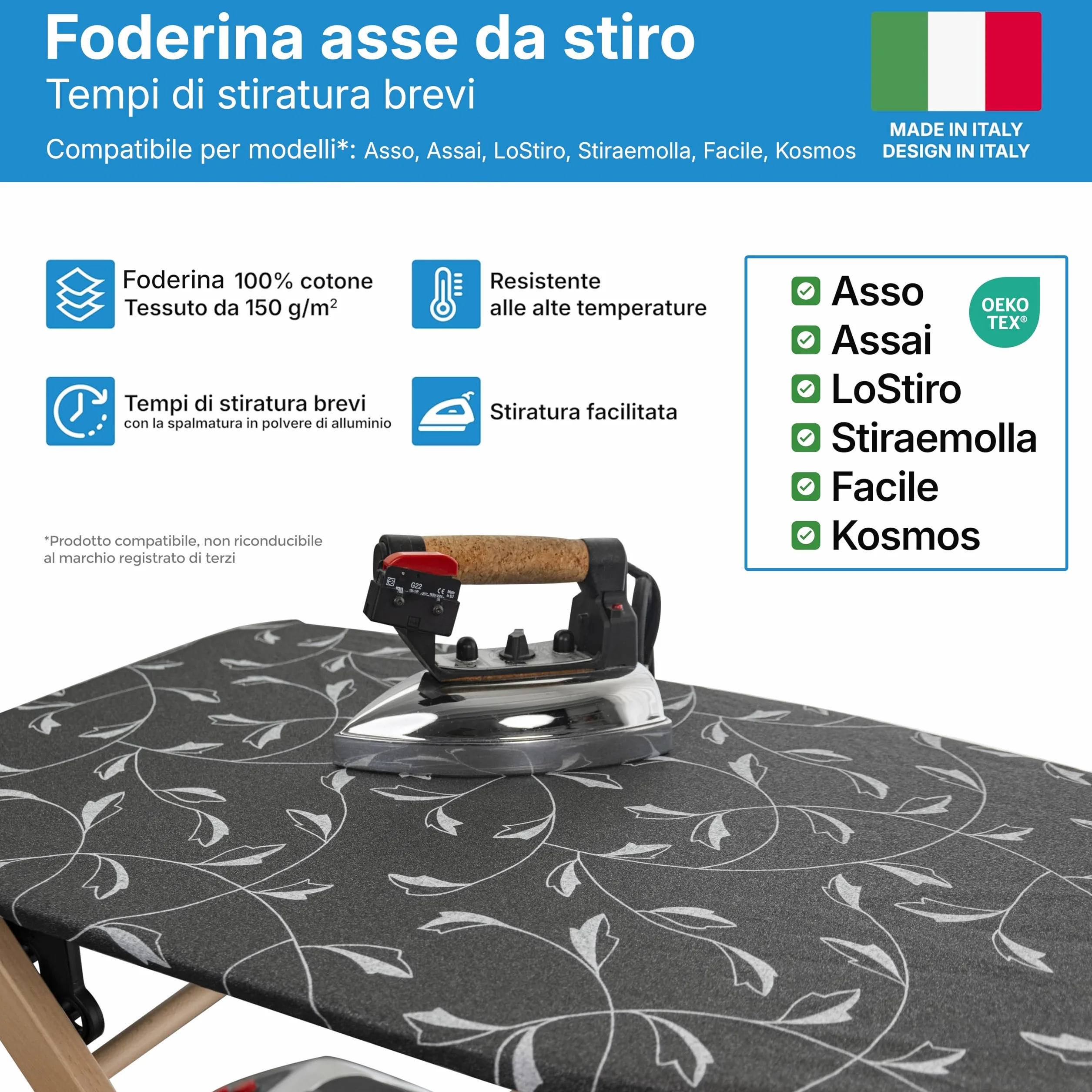 Funda para Tabla de Planchar, Compatible con Modelos Foppapedretti, Color Plata/Verde, Recambio Elástico, Tejido 100% Algodón, 115 x 63 cm, Made in Italy