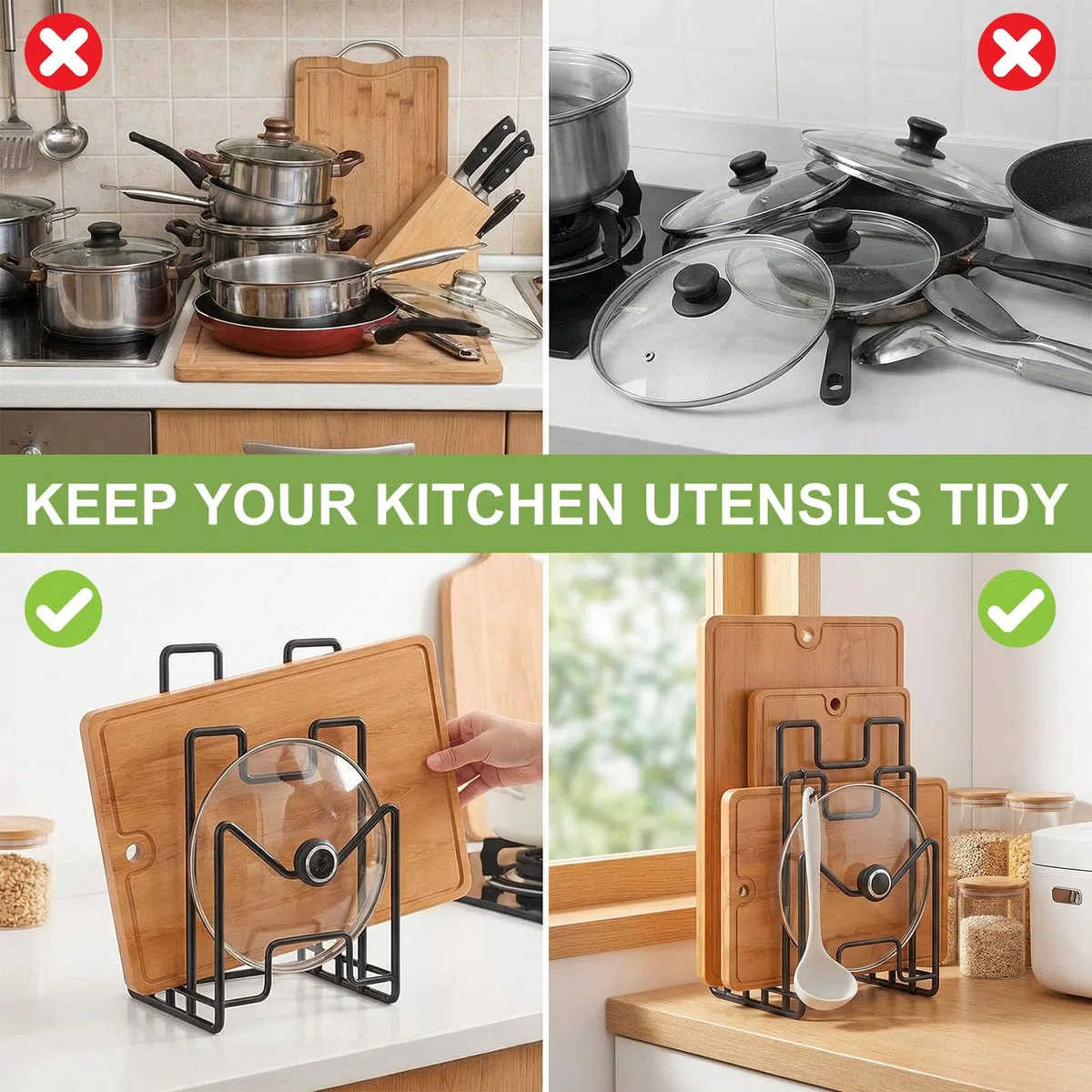 Soporte Bandejas Cocina Soporte Tabla Cocina con 4 Compartimentos,Organizador De Tabla De Cortar De Metal para tapas De Ollas, Espátulas, Platos, Bandejas para Hornear