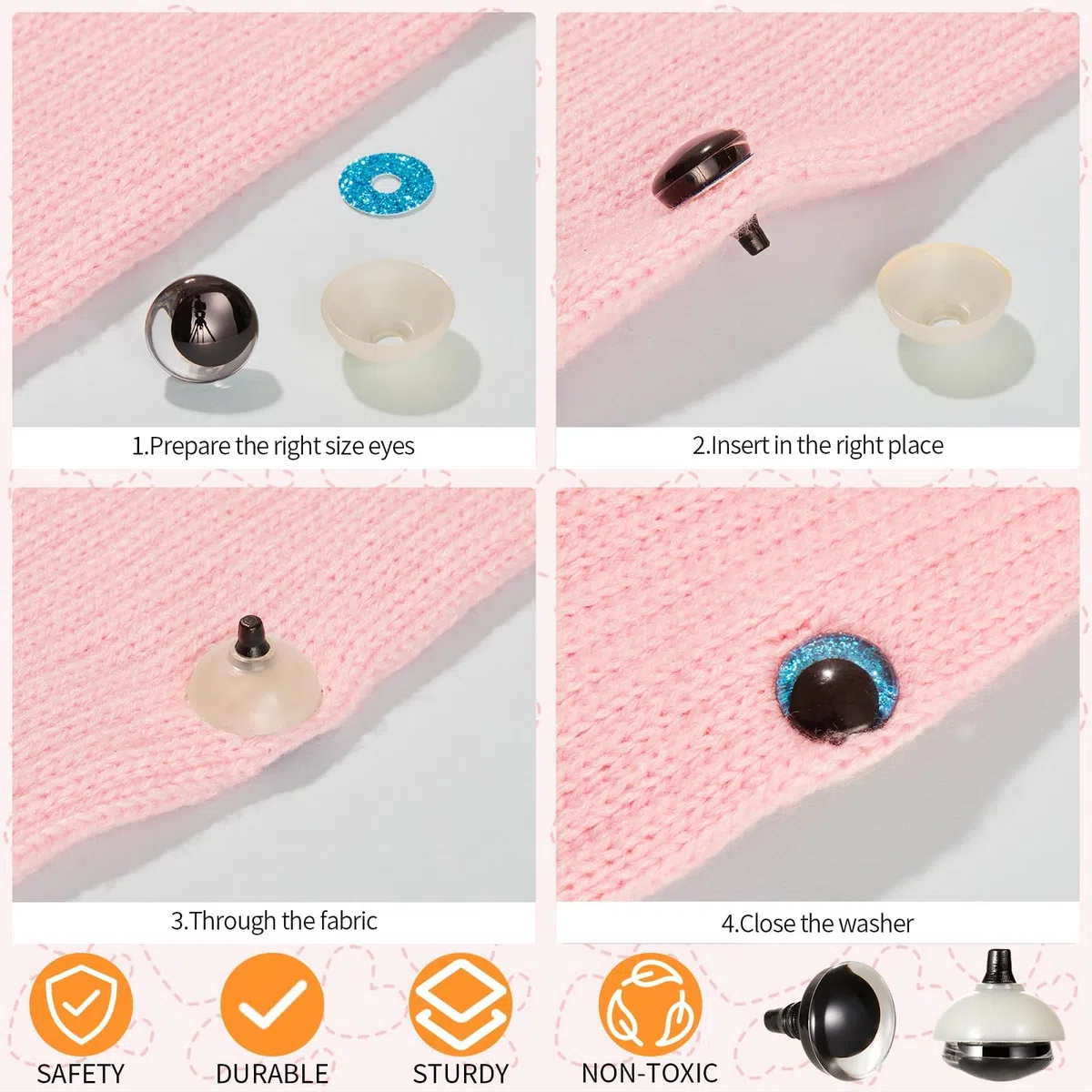 120 ojos de seguridad con purpurina 3D de 16 mm para ganchillo con arandelas, ojos de amigurumi de ganchillo para animales de ganchillo, ojos de manualidades, ojos de muñeca, ojos de