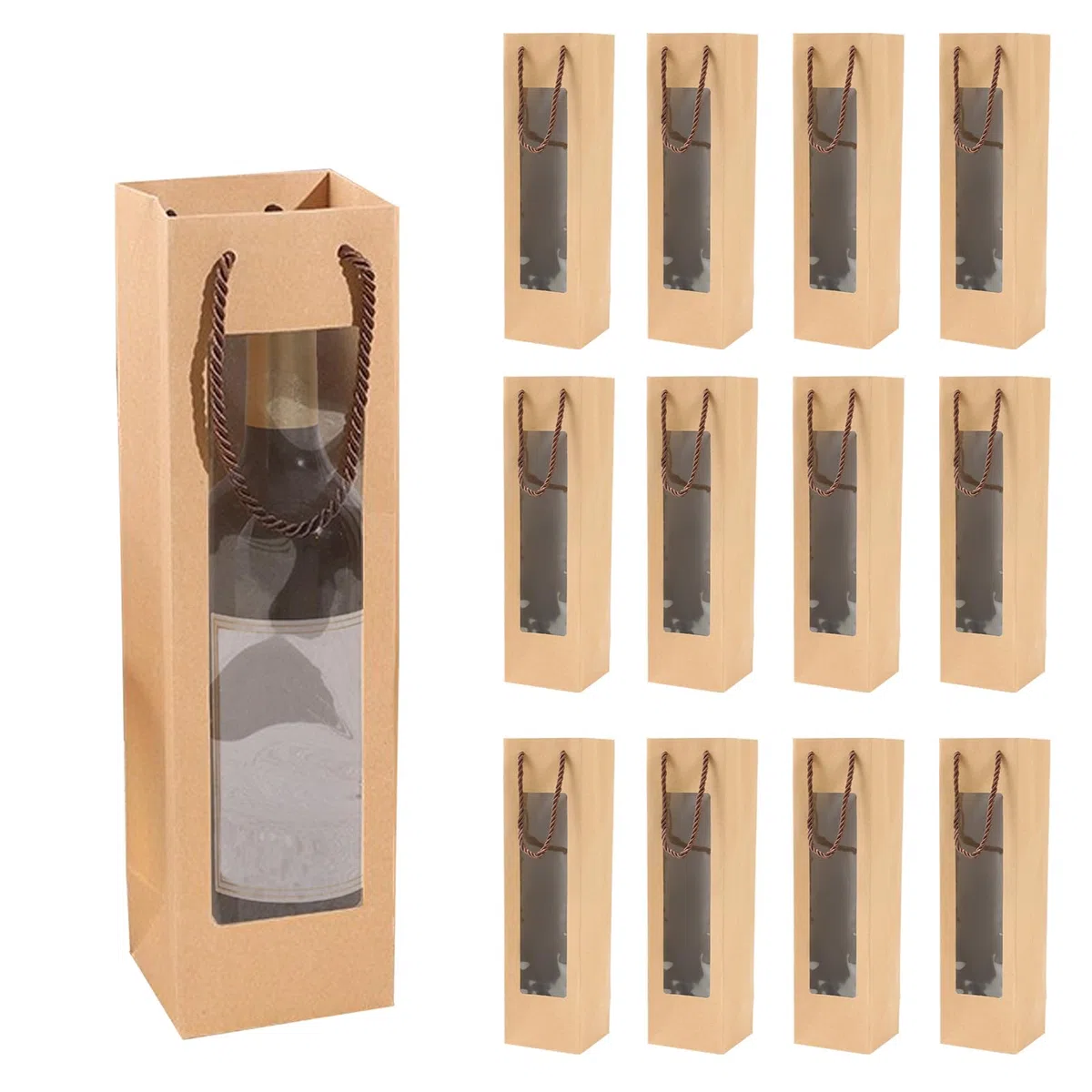 Bolsas de Papel Kraft para Botellas de Vino con Asa - 12 Piezas Organizador para Boda, Fiesta (Marrón)