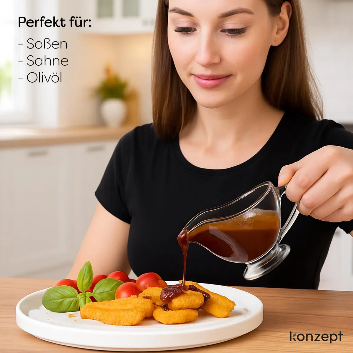 KONZEPT Salsera de cristal, juego de 4 unidades, 160 ml, transparente con asa, estable, ideal para aderezos, crema, salsa, aceite de oliva, NR 63. SAUCIERE