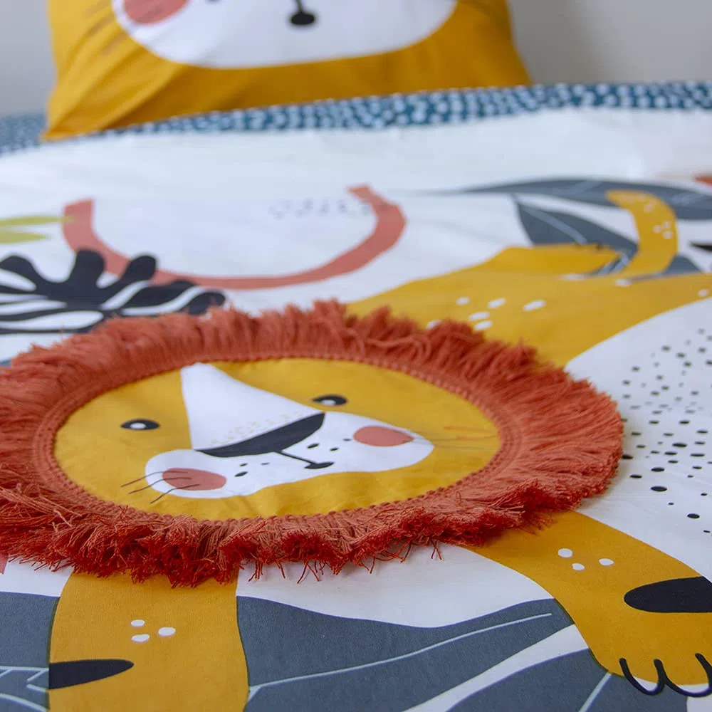 CÔTE DECO Juego de cama infantil reversible, león, verde y amarillo, funda nórdica de 140 x 200 cm y 1 funda de almohada de 63 x 63 cm, 100% algodón