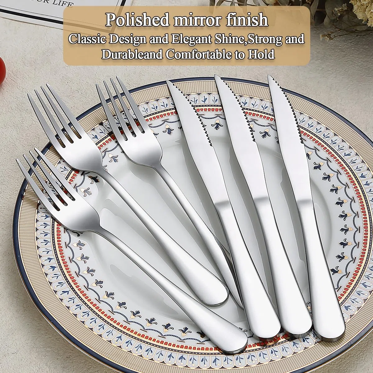 Evanda Juego de Cuchillos para Bistec 24 Piezas, Acero Inoxidable 12 Tenedores y 12 Cuchillos, aptos para Lavavajillas