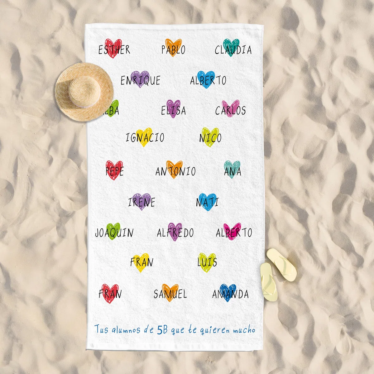 Pla Pla Pla Toalla Personalizada 100x150 cm. con Nombres de Alumnos para maestras y Profesores | Regalo Original para Maestros | Toalla de Playa o Piscina para Profesores con Nombres de niños