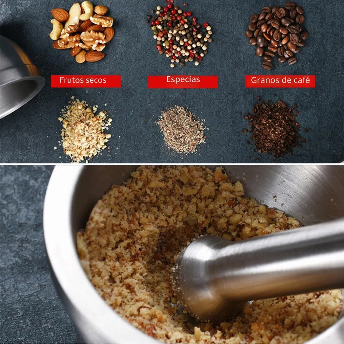 Mortero con Mano - Mortero Cocina - Mortero de Acero Inoxidable 304 con Tapa PE, diámetro 10 cm - Antióxido, Duradero - Para Moler Especias, Hierbas, Ajo, Nueces