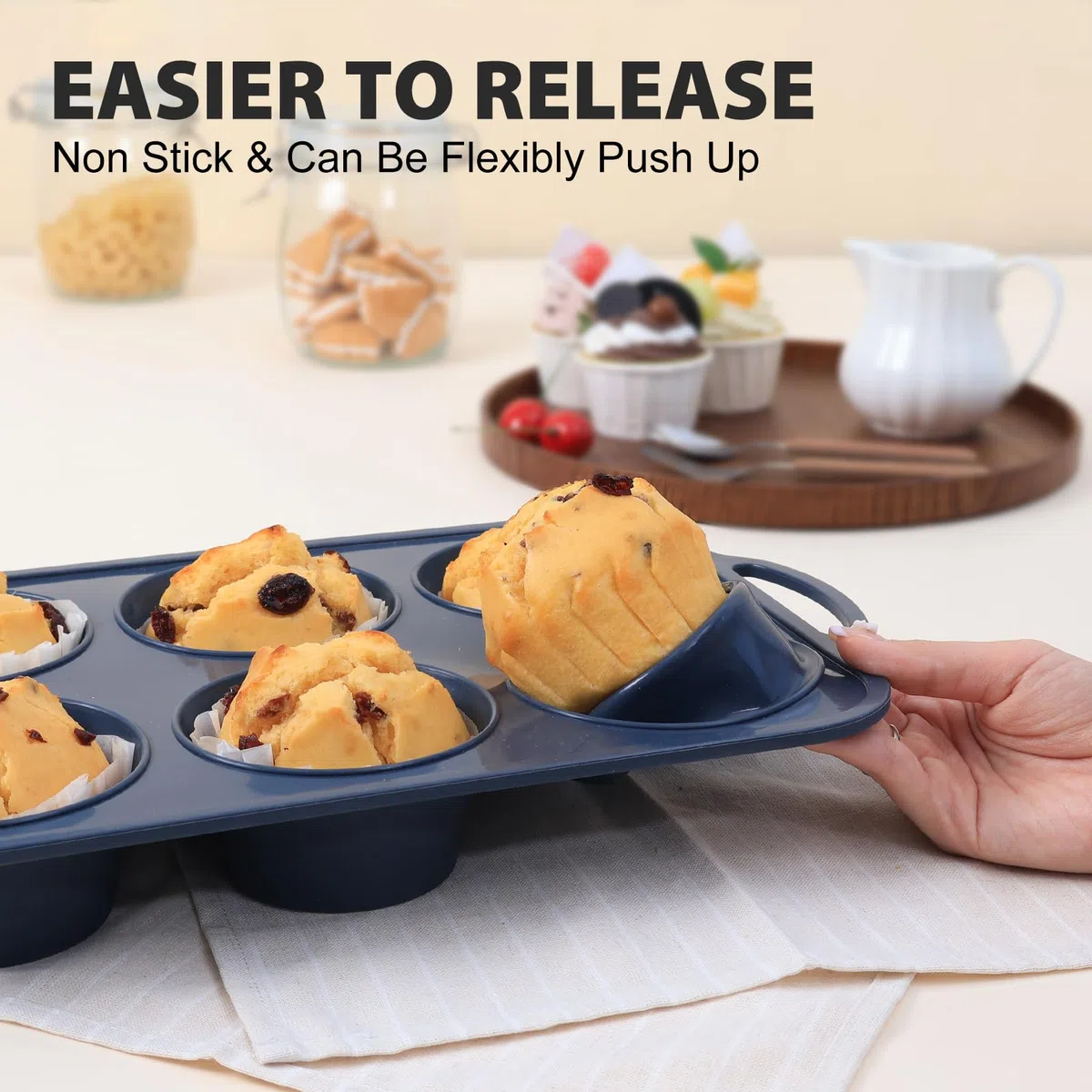 SUPER KITCHEN Grande Moldes Magdalenas Silicona con Asas, 6 Huecos, Esqueleto Metálico Externo, Antideslizante, Hornear Muffins y Cupcakes, Libre de BPA, Gris
