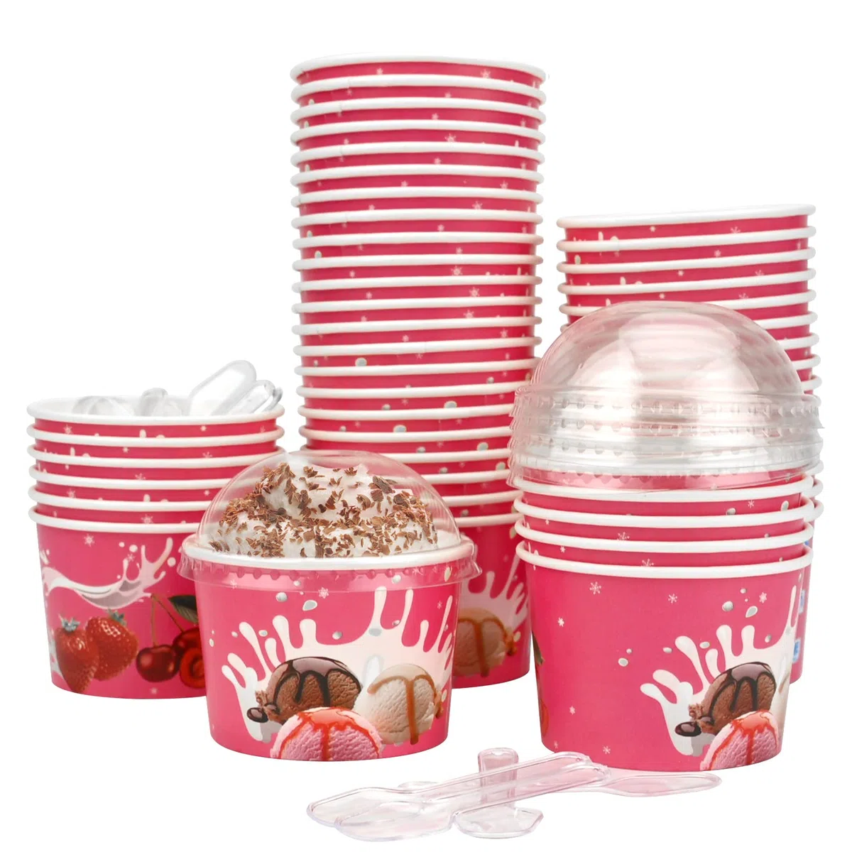 Envase para Copa de Helado,50 Piezas 4oz Resuable Papel Helado Tubos Sopa Recipientes con 50 Piezas Tapas y Cucharas,Helado Tazones Postre Tratar Tazas para Helado Helado Yogur Sopa Pastel (Rosa)