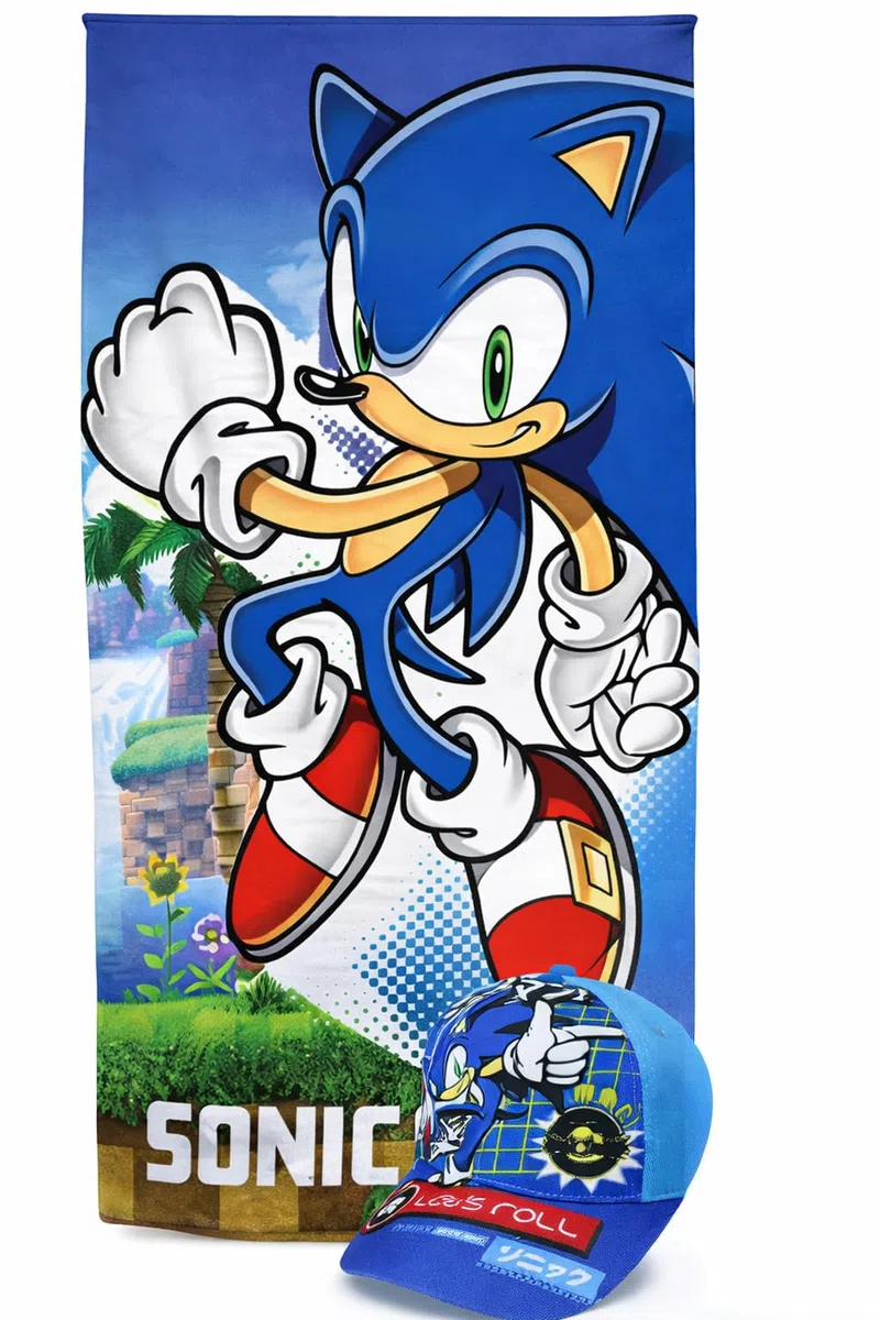 MARUKATSU Sonic Pack Playa Niño Toalla 140x70 cm + Gorra Ajustable – Set Verano Infantil Piscina Playa Vacaciones Regalo Niños