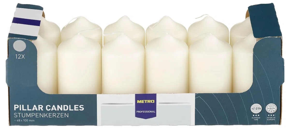 METRO Professional Vela de pilar, Ø 48 x 100 mm, 12 unidades, 21 horas de combustión, parafina 100%, para el hogar, celebraciones y gastronomía, beige