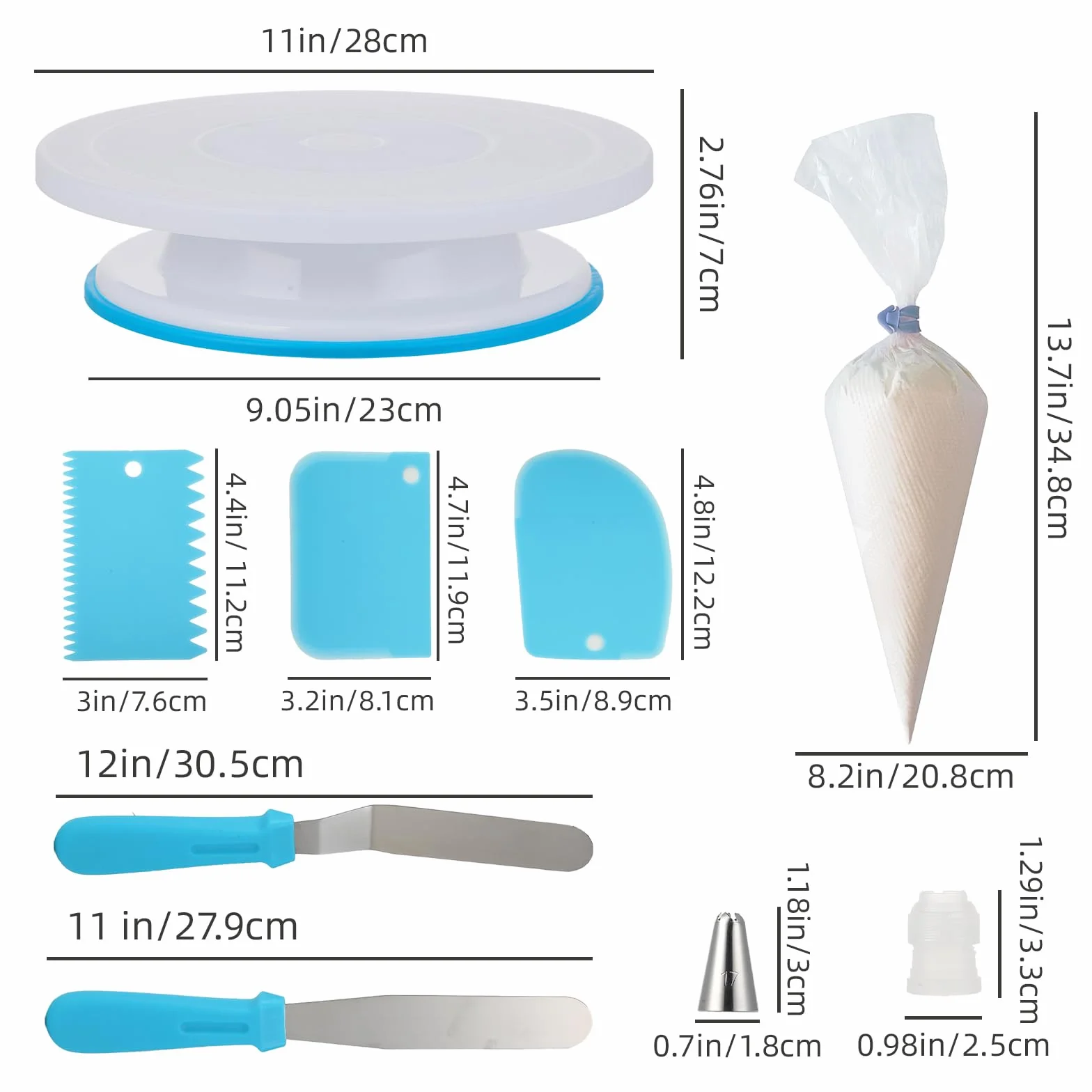 KITDAHOM 65 Piezas Set Plato Giratorio para Tartas - Base Giratoria para Tartas, Acero Inoxidable y PP, con Base para Tarta, Raspadores, Boquillas, ideal para Repostería y Decoración