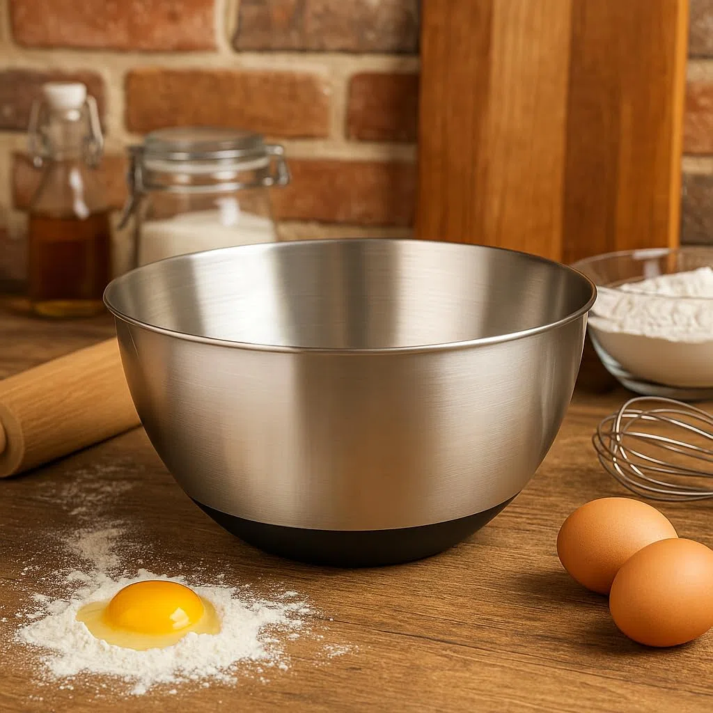 MGE - Cuenco para Mezclar con Escala Medidora - Bol de Cocina Multiusos - Frutero - Ensaladera - Ensaladera, Mixing Bowl, Bol de Repostería - Acero Inoxidable - Base Antideslizante - 26 cm