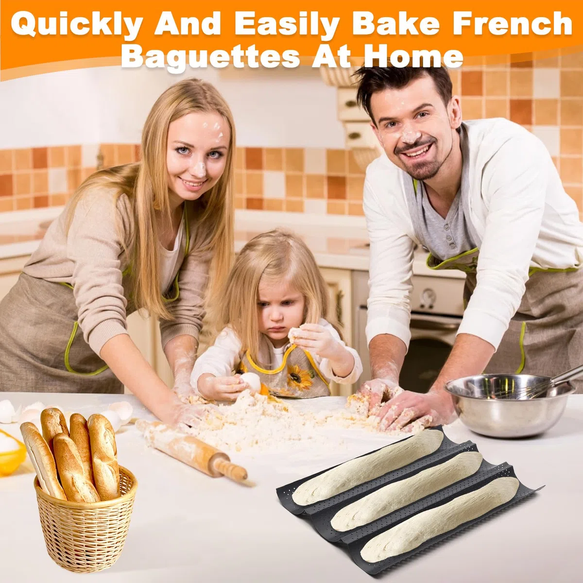 Moldes Baguette con Recubrimiento Antiadherente, Molde Barras Francesas Acero Carbono, Bandeja Pan Francés Perforado 38 x 24,5 cm, Accesorios Hornear Baguettes para Panaderías Doméstico (Negro)