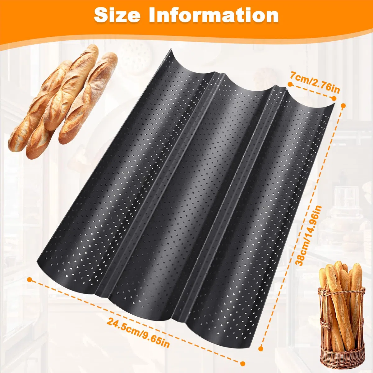 Moldes Baguette con Recubrimiento Antiadherente, Molde Barras Francesas Acero Carbono, Bandeja Pan Francés Perforado 38 x 24,5 cm, Accesorios Hornear Baguettes para Panaderías Doméstico (Negro)