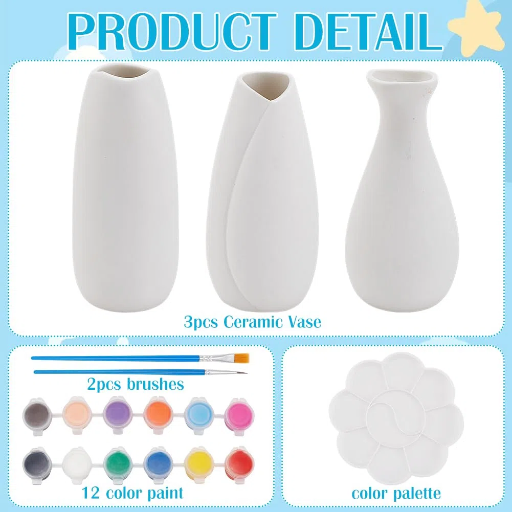 WEBEEDY Kit de pintura de cerámica de 3 tamaños, pinta tu propio jarrón de cerámica, proyecto de manualidades para adultos, principiantes, jarrón de porcelana, kit de decoración para escritorio,
