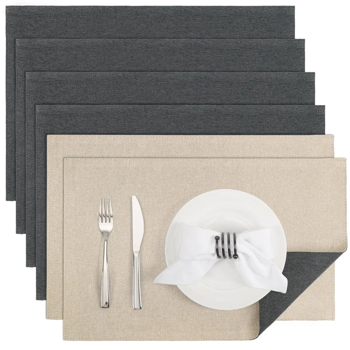 Manteles Individuales Lavables Juego de 6 Manteles Individuales de Lino Antideslizantes salvamanteles Individuales de Doble Cara 45 X 30 cm (Gris-Beige, Rectangular Juego de 6)