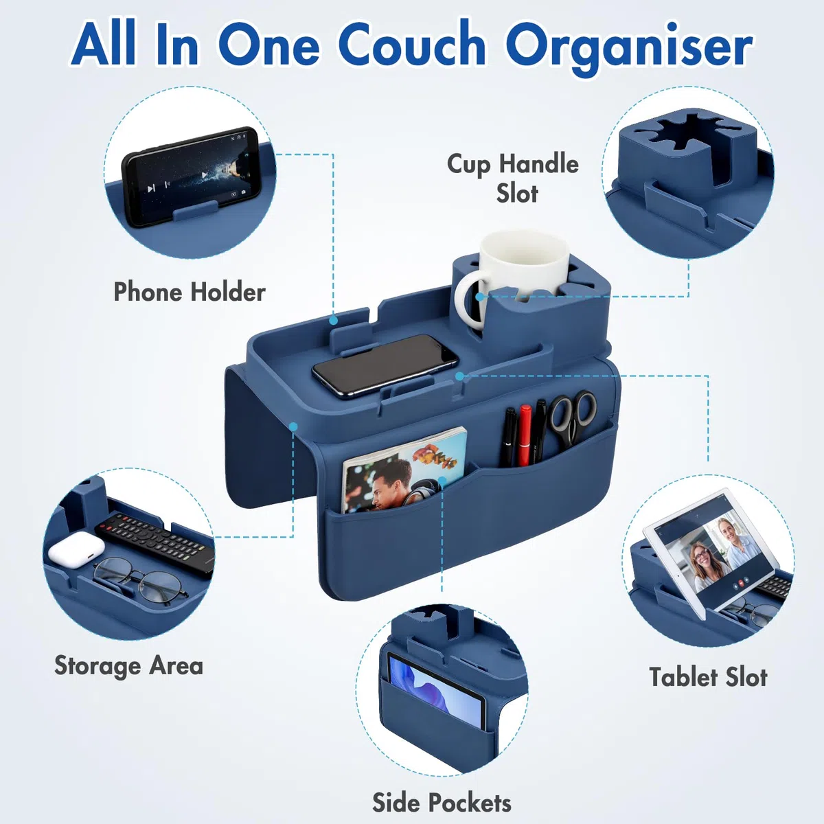 Reposabrazos Sofa Silicona Antideslizante, Bandeja Sofa con Soporte Móvil y Tablet, Organizador de Mando, Bandeja Reposabrazos Sofa de Brazo con Portavasos, Impermeable para Bebidas (Blue)