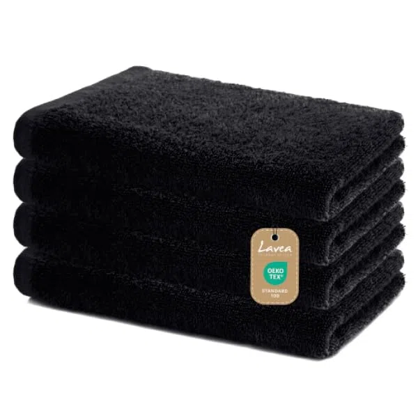 Lavea® Juego de 4 Toallas de Mano 40×70 cm – Toallas de Baño de Algodón 100% Suaves y Absorbentes, Certificado Oeko-Tex, Lavables a 60 °C, para Baño, Invitados y Gimnasio – Negro