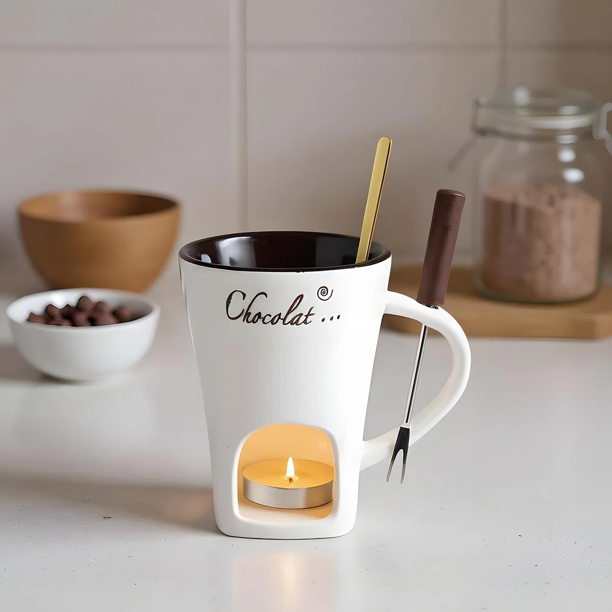 Taza de fondue de chocolate con tenedores y cuchara, calentada, multifunción, taza de cerámica para calentar mantequilla, taza para dulces y fiestas de caramelo