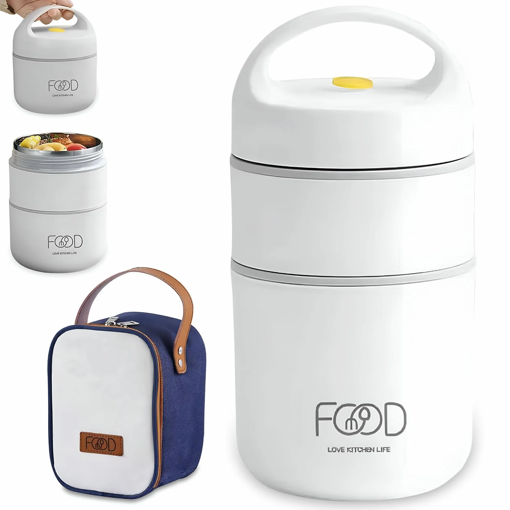 Lonchera semi termo para dos comida (660 ml) (blanca). Recipiente semi térmico adecuada para llevar comidas sin BPA con bolsa aislante de transporte para la comida del niño o adulto.